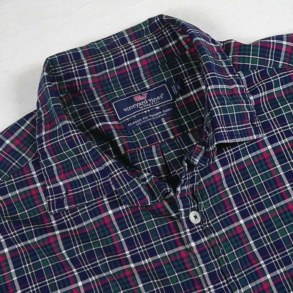 Vineyard Vines Mens Large Classic Fit Tucker Shirt Navy Green Pink Plaid Stretch
